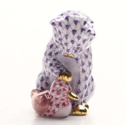 Herend Lavender and Raspberry Fishnet "Kitten and Duckling" Porcelain Figurine Lot#32323