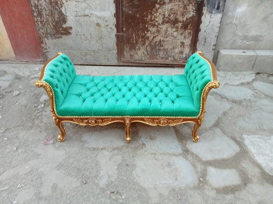 French Chaise Lounge/ Antique Gold Leaf Tufted Green Vintage Furniture lot# 9300