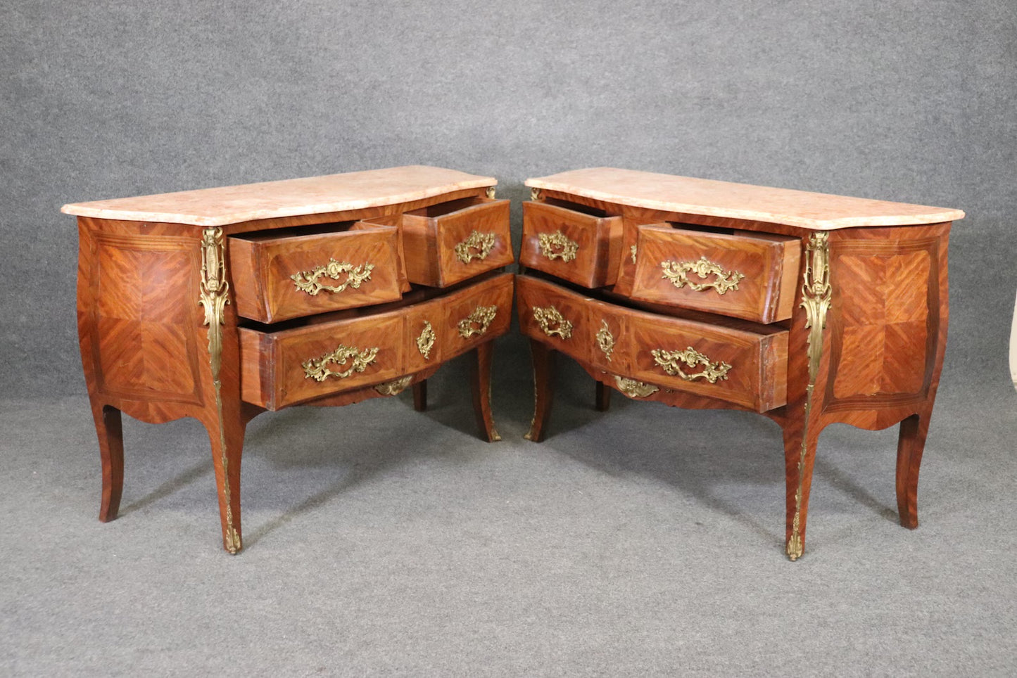 Antique Pair of Louis XV Rococo Style French Inlaid Marble Top Commodes Lot#93300