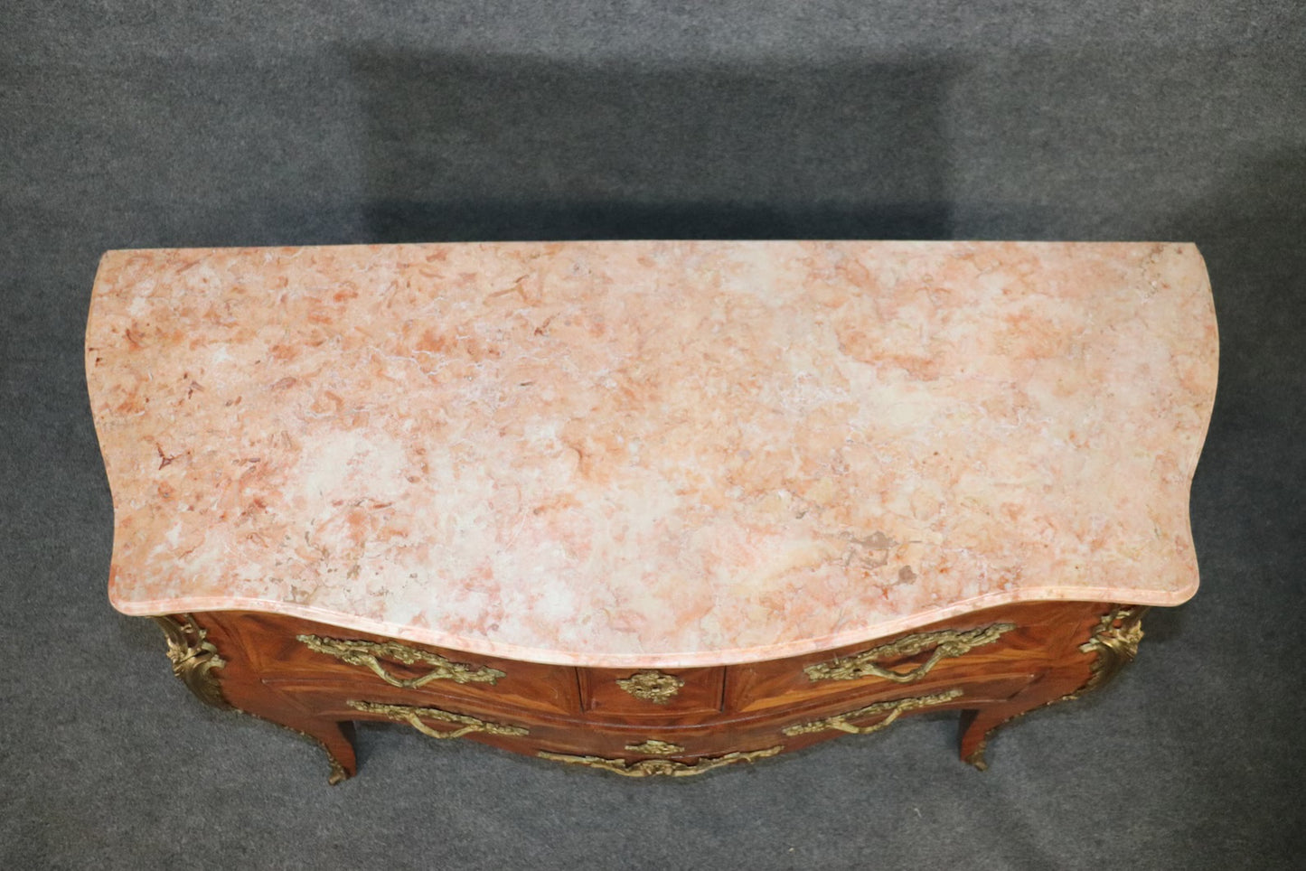 Antique Pair of Louis XV Rococo Style French Inlaid Marble Top Commodes Lot#93300