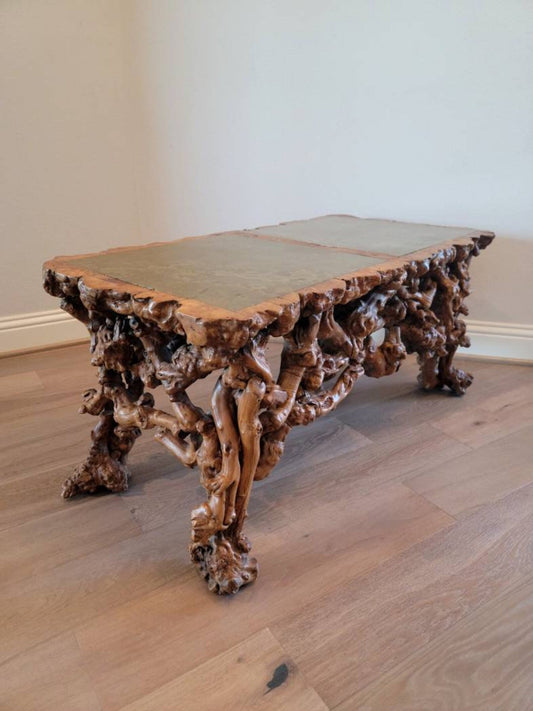 Antique Qing Dynasty Chinese Burl Root Wood Coffee Table with Songhua Stone Panels 18th-19th Century lot# 23457